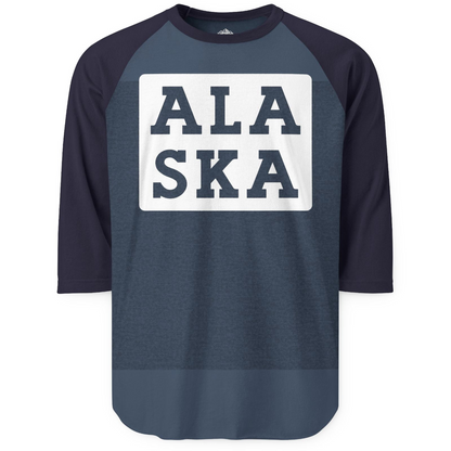 Bold Alaska Block Text Shirt 3/4 Sleeve Raglan Shirt – Heather Denim/Navy – Alaska Cruise Shirts