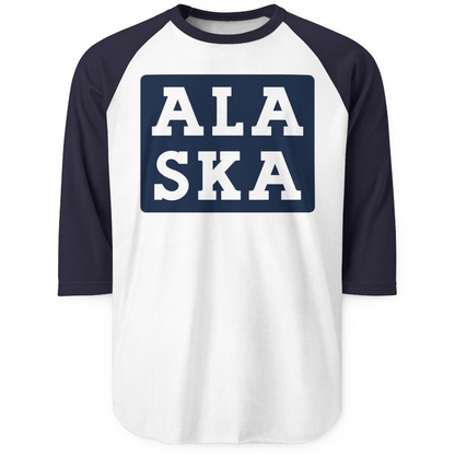 Bold Alaska Block Text Shirt 3/4 Sleeve Raglan Shirt – White/Navy – Alaska Cruise Shirts