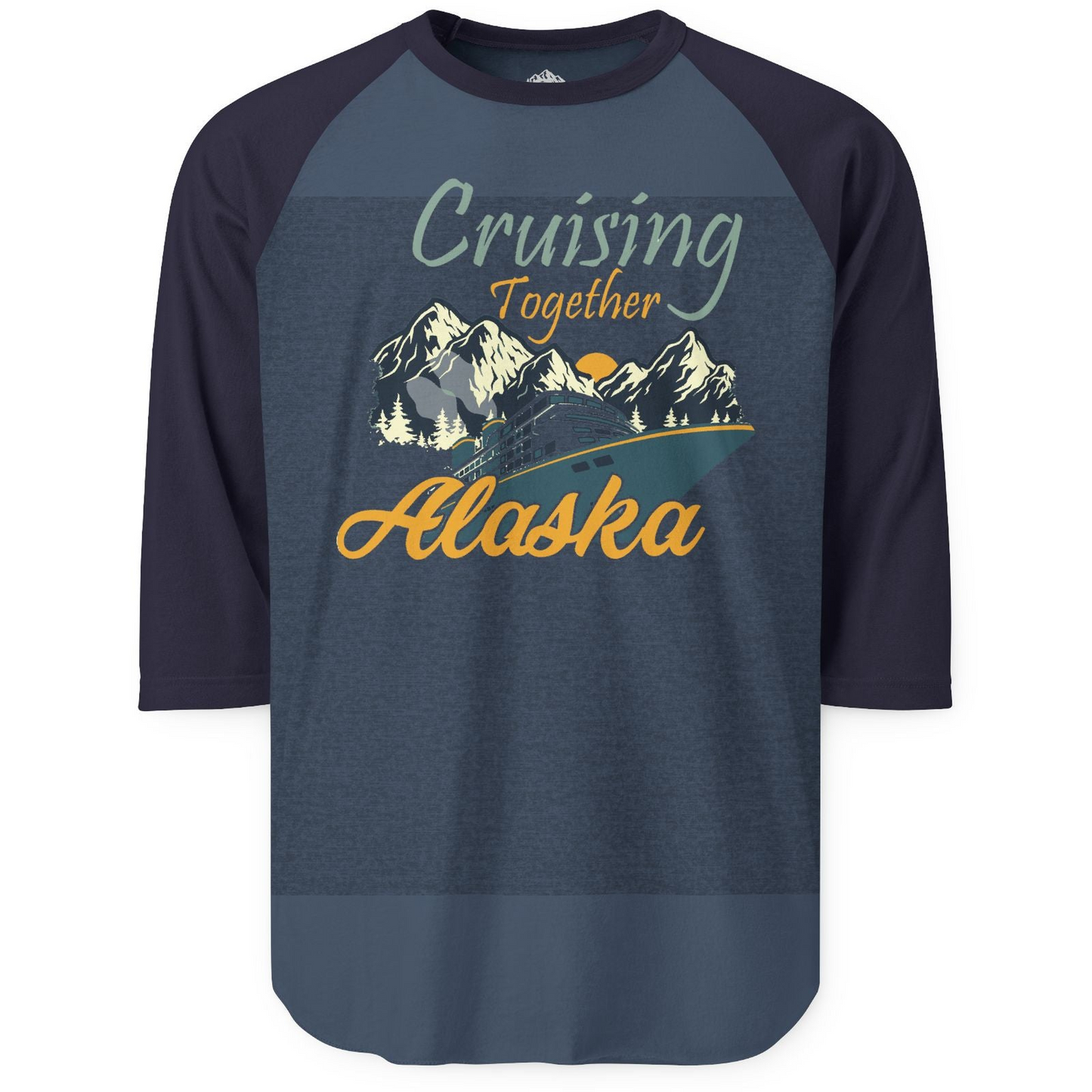 Cruising Together Alaska Mountains Family Alaska Cruise Adventure Shirt — 3/4 Sleeve 3/4 Sleeve Raglan Shirt – Heather Denim/Navy – Alaska Cruise Shirts