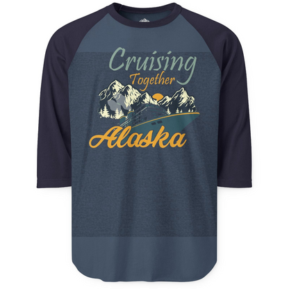 Cruising Together Alaska Mountains Family Alaska Cruise Adventure Shirt — 3/4 Sleeve 3/4 Sleeve Raglan Shirt – Heather Denim/Navy – Alaska Cruise Shirts