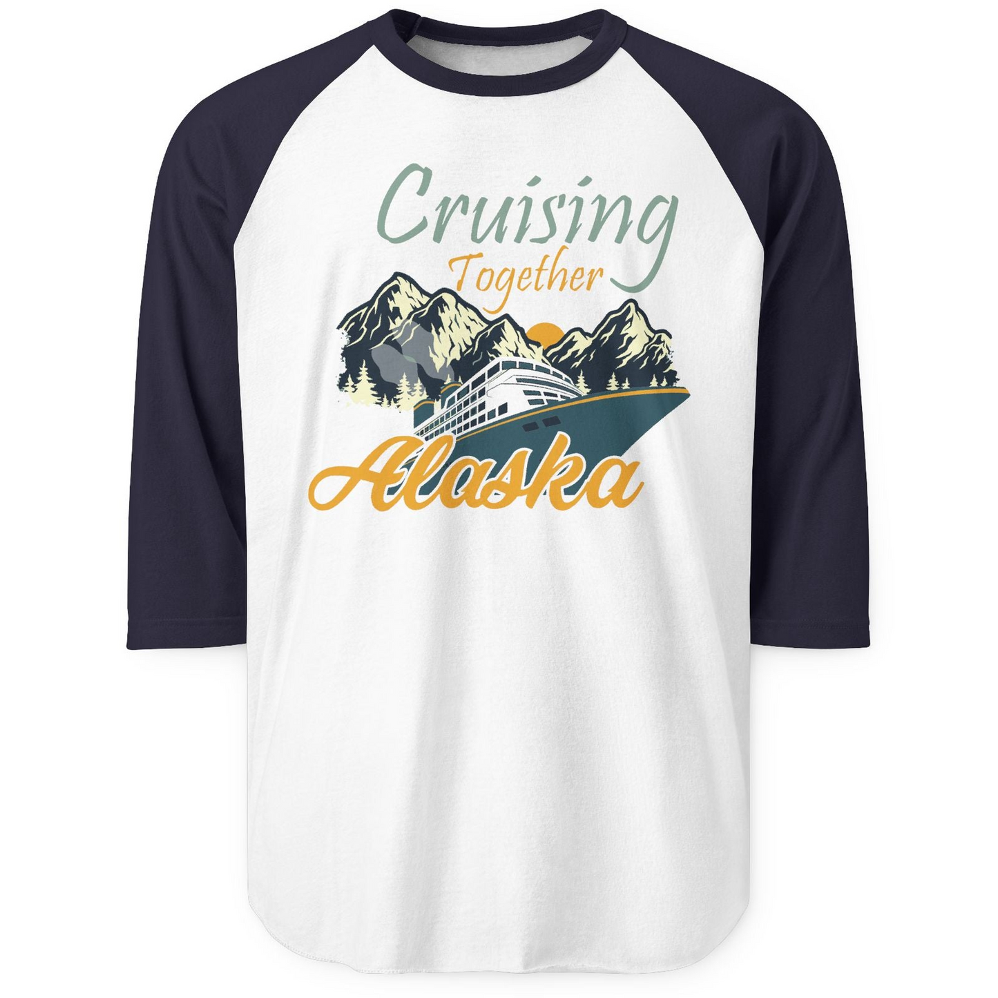 Cruising Together Alaska Mountains Family Alaska Cruise Adventure Shirt — 3/4 Sleeve 3/4 Sleeve Raglan Shirt – White/Navy – Alaska Cruise Shirts
