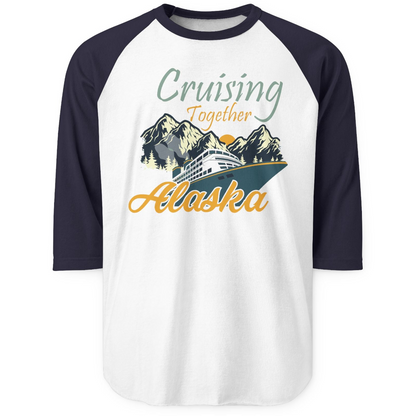 Cruising Together Alaska Mountains Family Alaska Cruise Adventure Shirt — 3/4 Sleeve 3/4 Sleeve Raglan Shirt – White/Navy – Alaska Cruise Shirts