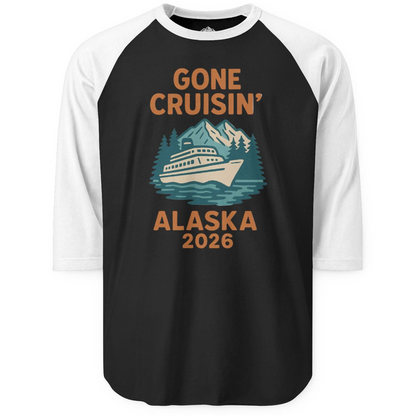 Gone Cruisin Alaska 2026 Retro Cruise Ship Nature Scenery Shirt — 3/4 Sleeve 3/4 Sleeve Raglan Shirt – Black/White – Alaska Cruise Shirts