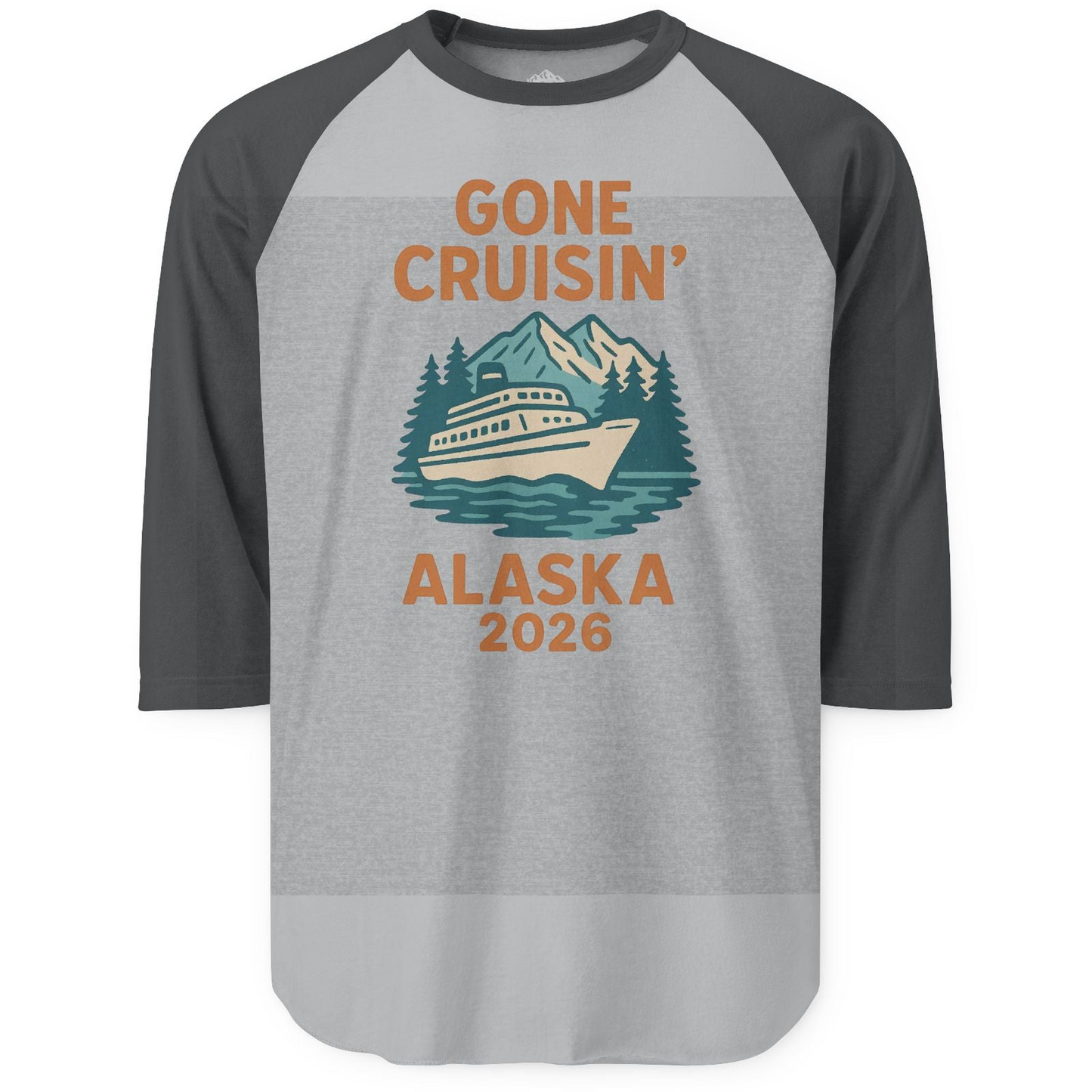 Gone Cruisin Alaska 2026 Retro Cruise Ship Nature Scenery Shirt — 3/4 Sleeve 3/4 Sleeve Raglan Shirt – Heather Grey/Heather Charcoal – Alaska Cruise Shirts