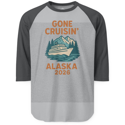 Gone Cruisin Alaska 2026 Retro Cruise Ship Nature Scenery Shirt — 3/4 Sleeve 3/4 Sleeve Raglan Shirt – Heather Grey/Heather Charcoal – Alaska Cruise Shirts