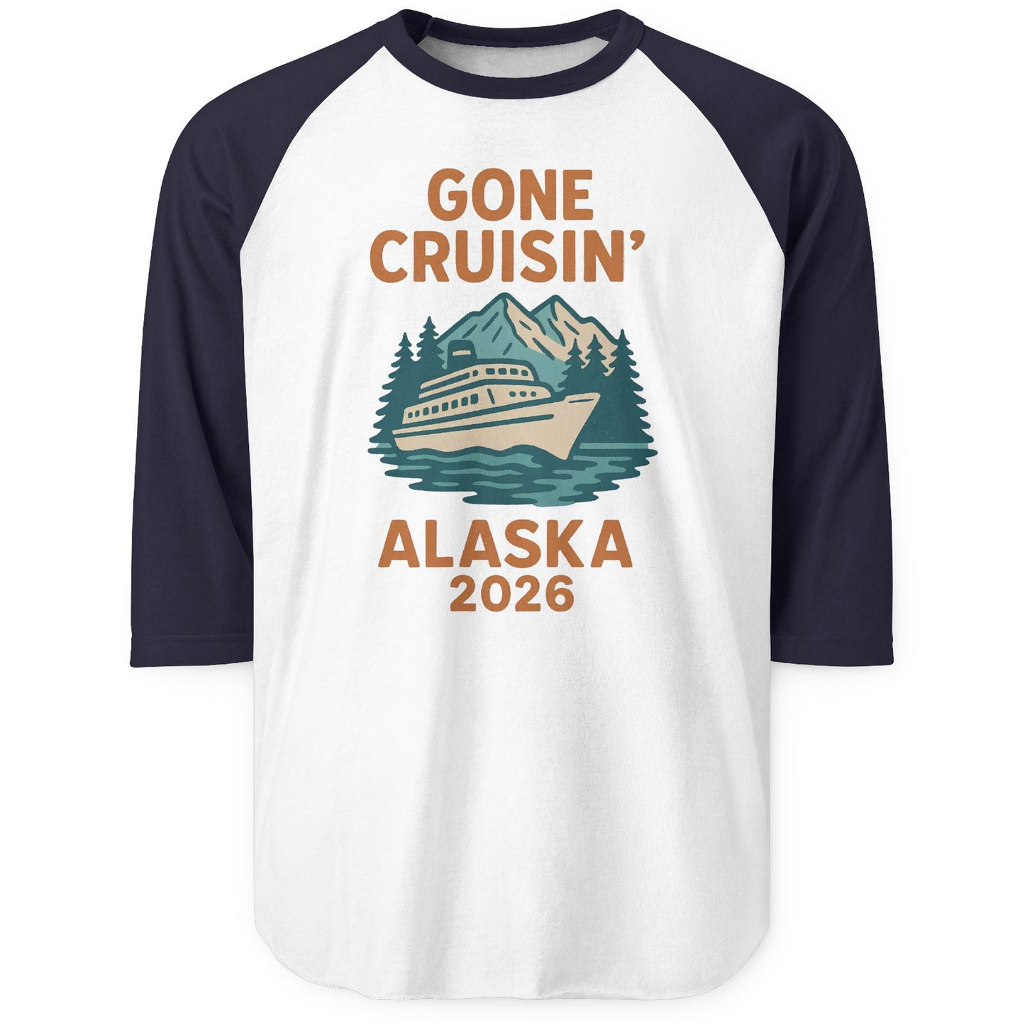 Gone Cruisin Alaska 2026 Retro Cruise Ship Nature Scenery Shirt — 3/4 Sleeve 3/4 Sleeve Raglan Shirt – White/Navy – Alaska Cruise Shirts