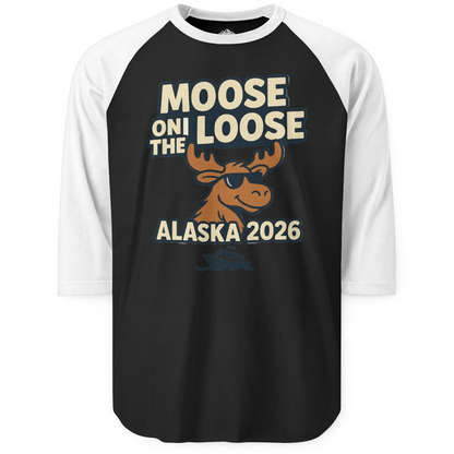 Moose on the Loose Alaska 2026 Cruise Cartoon Funny Shirt — 3/4 Sleeve 3/4 Sleeve Raglan Shirt – Black/White – Alaska Cruise Shirts