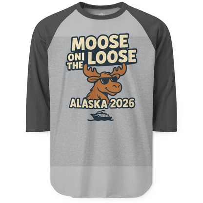 Moose on the Loose Alaska 2026 Cruise Cartoon Funny Shirt — 3/4 Sleeve 3/4 Sleeve Raglan Shirt – Heather Grey/Heather Charcoal – Alaska Cruise Shirts