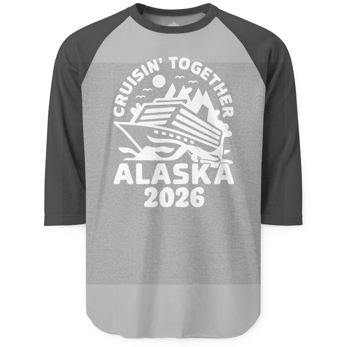 Cruisin Together Alaska Cruise Shirt 3/4 Sleeve Raglan Shirt – Heather Grey/Heather Charcoal – Alaska Cruise Shirts