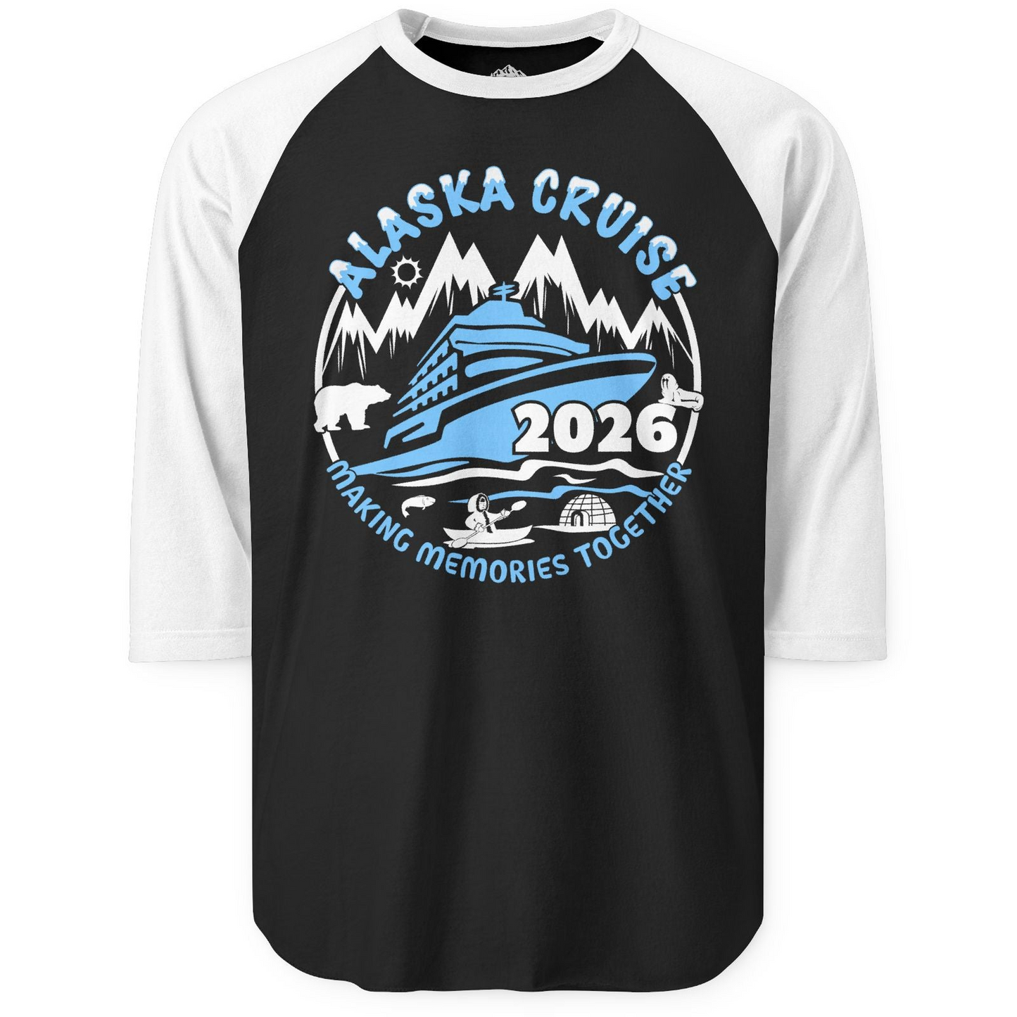 Alaska Cruise 2026 Shirt 3/4 Sleeve Raglan Shirt – Black/White – Alaska Cruise Shirts