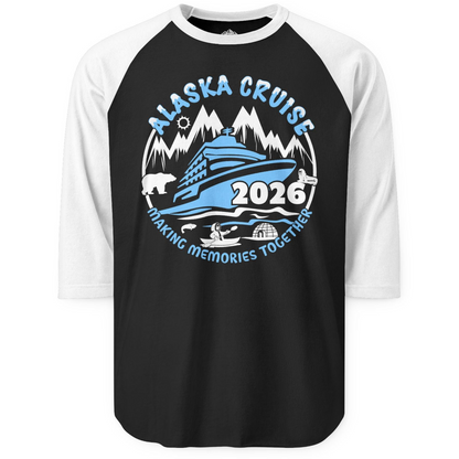 Alaska Cruise 2026 Shirt 3/4 Sleeve Raglan Shirt – Black/White – Alaska Cruise Shirts
