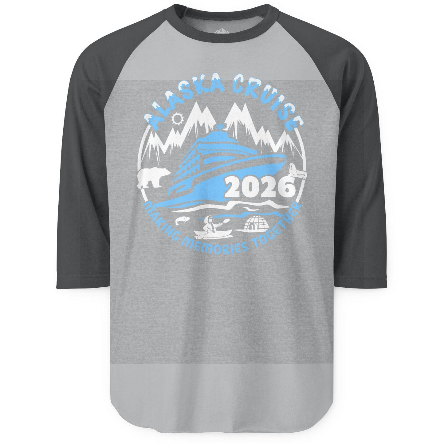 Alaska Cruise 2026 Shirt 3/4 Sleeve Raglan Shirt – Heather Grey/Heather Charcoal – Alaska Cruise Shirts