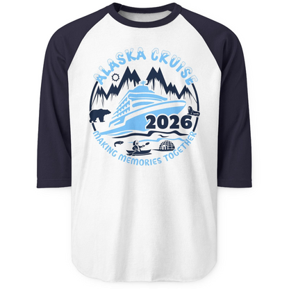 Alaska Cruise 2026 Shirt 3/4 Sleeve Raglan Shirt – White/Navy – Alaska Cruise Shirts