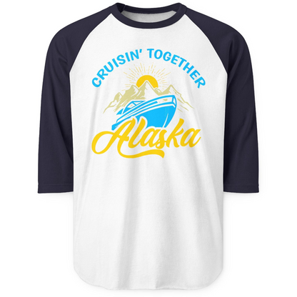 Alaska Cruise Adventure Mountains Sunrise Retro Shirt for Travelers — 3/4 Sleeve 3/4 Sleeve Raglan Shirt – White/Navy – Alaska Cruise Shirts
