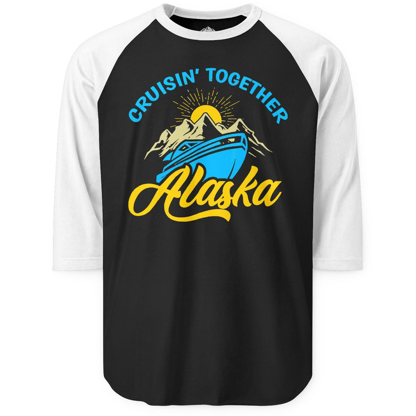 Alaska Cruise Adventure Mountains Sunrise Retro Shirt for Travelers — 3/4 Sleeve 3/4 Sleeve Raglan Shirt – Black/White – Alaska Cruise Shirts