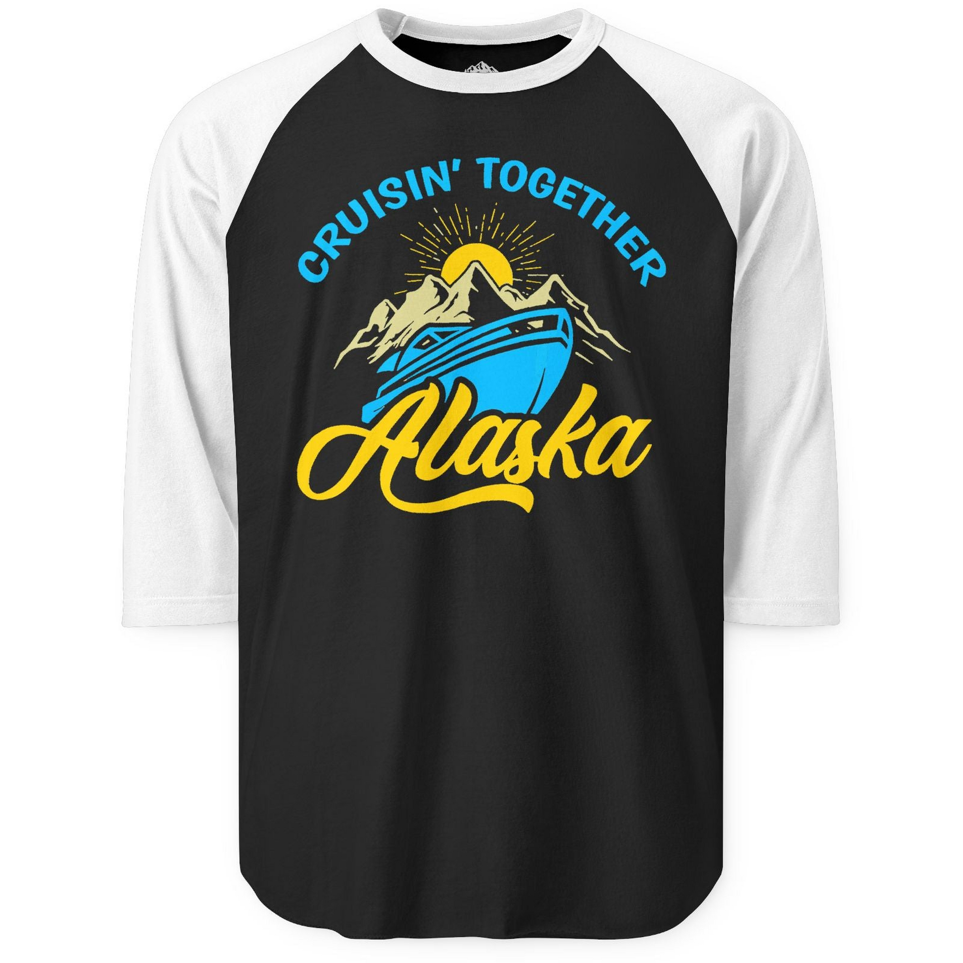 Alaska Cruise Adventure Mountains Sunrise Retro Shirt for Travelers — 3/4 Sleeve 3/4 Sleeve Raglan Shirt – Black/White – Alaska Cruise Shirts
