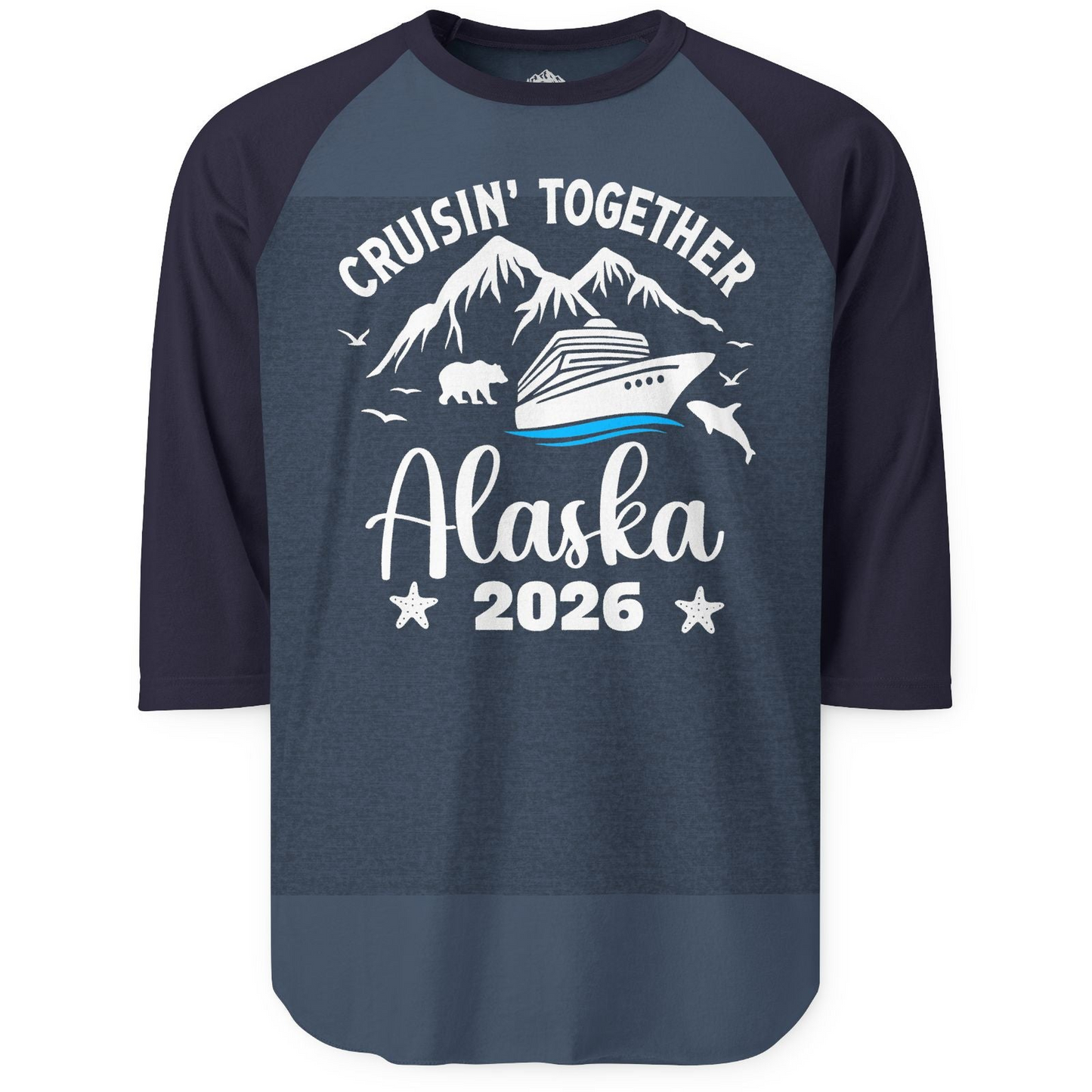 Alaska Cruise Adventure 2026 Shirt 3/4 Sleeve Raglan Shirt – Heather Denim/Navy – Alaska Cruise Shirts