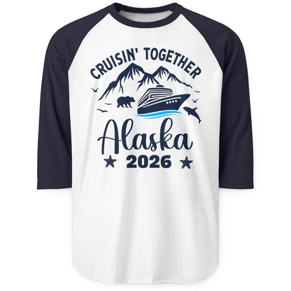 Alaska Cruise Adventure 2026 Shirt 3/4 Sleeve Raglan Shirt – White/Navy – Alaska Cruise Shirts
