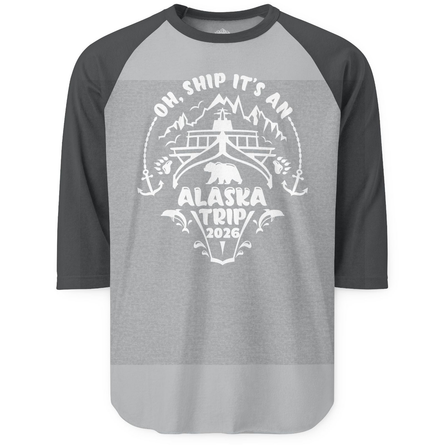 Oh Ship It’s an Alaska Trip 2026 Cruise and Wildlife Shirt — 3/4 Sleeve 3/4 Sleeve Raglan Shirt – Heather Grey/Heather Charcoal – Alaska Cruise Shirts