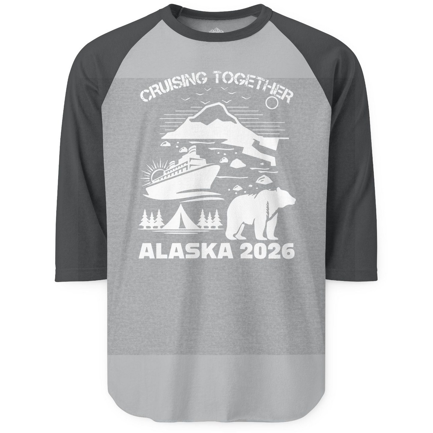 Alaska Cruise 2026 Family Adventure Bear Mountain Nature Shirt — 3/4 Sleeve 3/4 Sleeve Raglan Shirt – Heather Grey/Heather Charcoal – Alaska Cruise Shirts