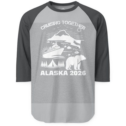 Alaska Cruise 2026 Family Adventure Bear Mountain Nature Shirt — 3/4 Sleeve 3/4 Sleeve Raglan Shirt – Heather Grey/Heather Charcoal – Alaska Cruise Shirts