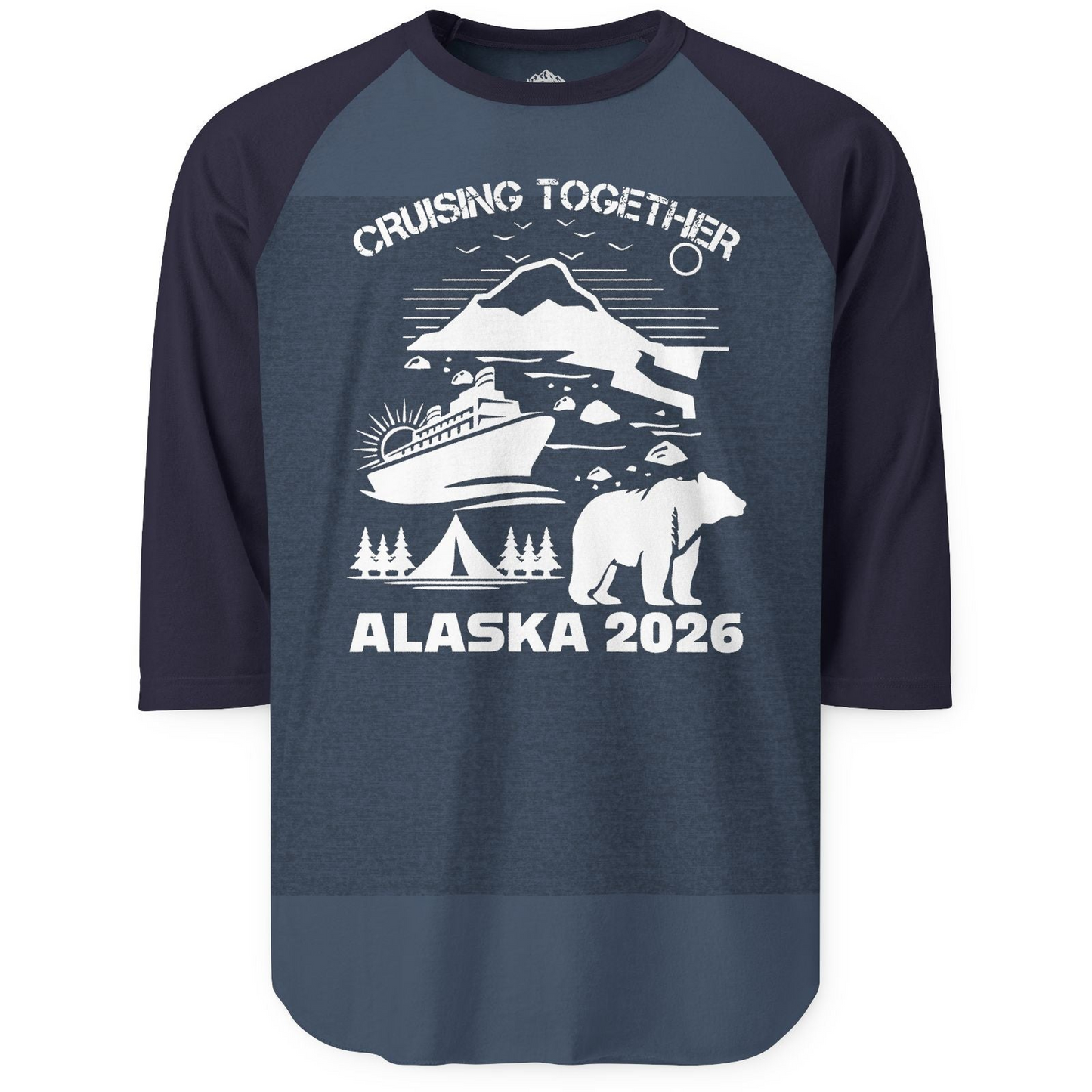 Alaska Cruise 2026 Family Adventure Bear Mountain Nature Shirt — 3/4 Sleeve 3/4 Sleeve Raglan Shirt – Heather Denim/Navy – Alaska Cruise Shirts