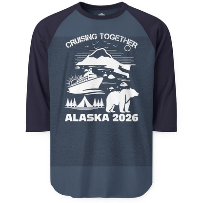 Alaska Cruise 2026 Family Adventure Bear Mountain Nature Shirt — 3/4 Sleeve 3/4 Sleeve Raglan Shirt – Heather Denim/Navy – Alaska Cruise Shirts