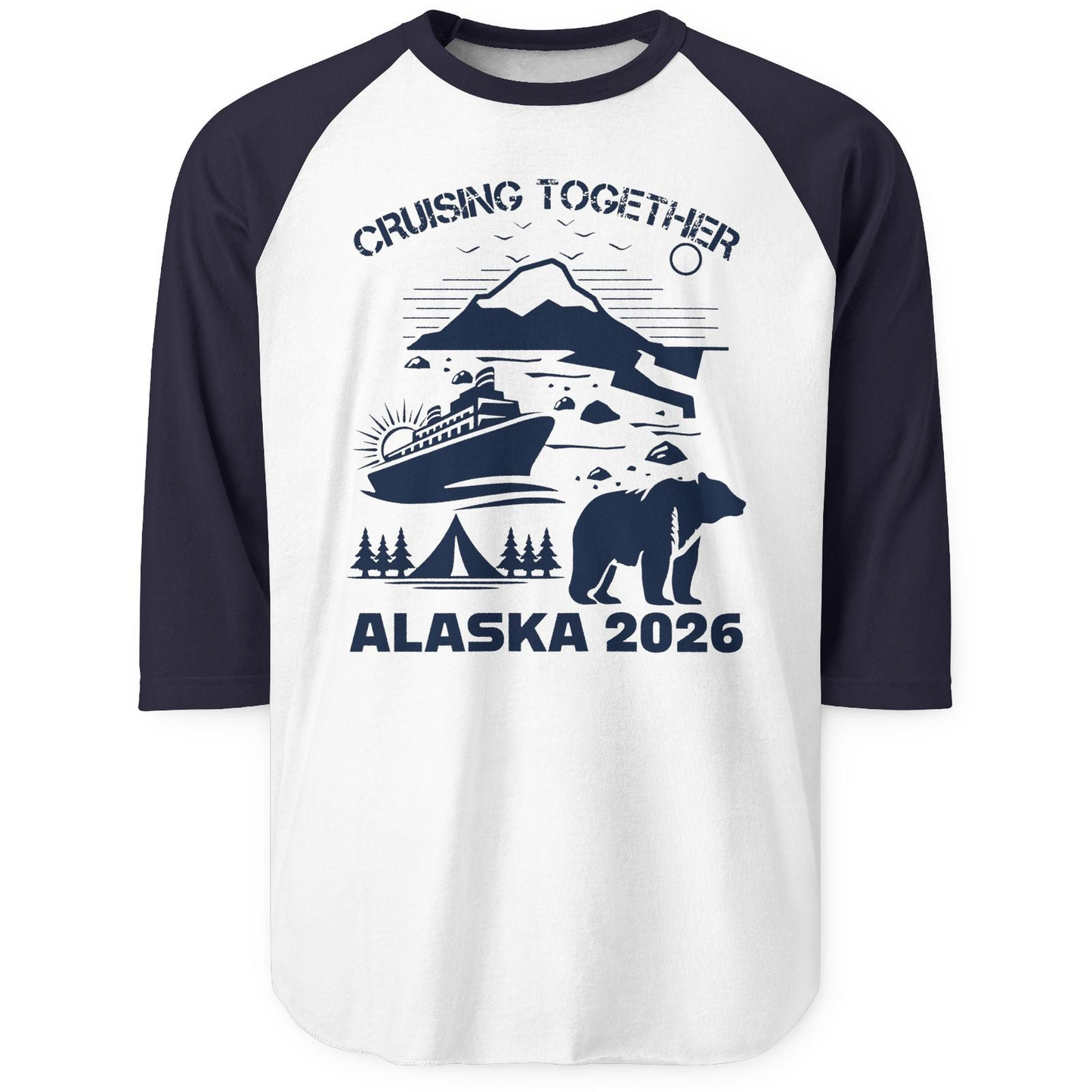 Alaska Cruise 2026 Family Adventure Bear Mountain Nature Shirt — 3/4 Sleeve 3/4 Sleeve Raglan Shirt – White/Navy – Alaska Cruise Shirts