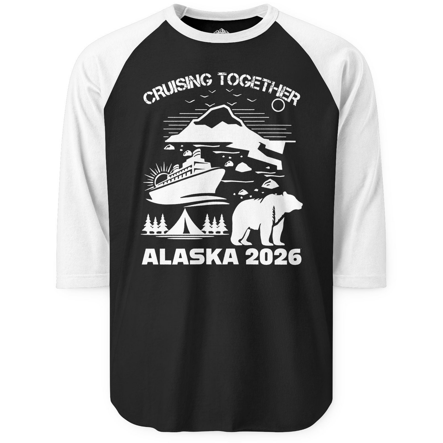 Alaska Cruise 2026 Family Adventure Bear Mountain Nature Shirt — 3/4 Sleeve 3/4 Sleeve Raglan Shirt – Black/White – Alaska Cruise Shirts