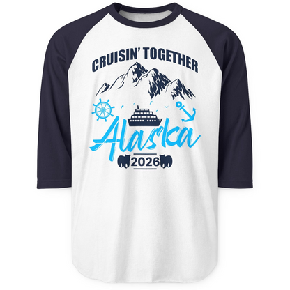 Alaska Cruise Group Adventure Shirt 3/4 Sleeve Raglan Shirt – White/Navy – Alaska Cruise Shirts
