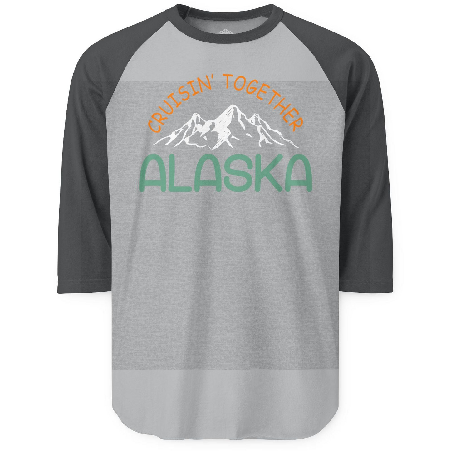 Cruisin Together Alaska Mountain Adventure Cruise Graphic Shirt — 3/4 Sleeve 3/4 Sleeve Raglan Shirt – Heather Grey/Heather Charcoal – Alaska Cruise Shirts