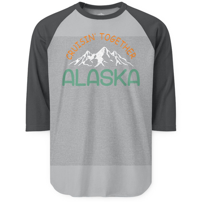 Cruisin Together Alaska Mountain Adventure Cruise Graphic Shirt — 3/4 Sleeve 3/4 Sleeve Raglan Shirt – Heather Grey/Heather Charcoal – Alaska Cruise Shirts