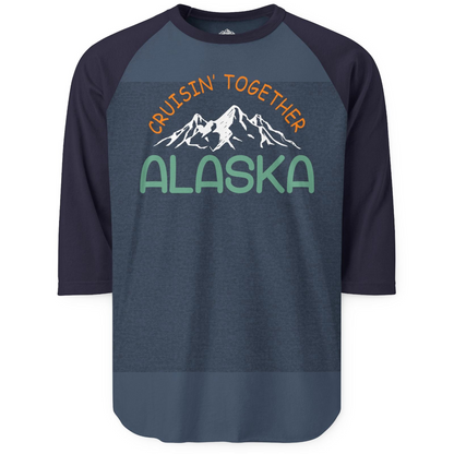 Cruisin Together Alaska Mountain Adventure Cruise Graphic Shirt — 3/4 Sleeve 3/4 Sleeve Raglan Shirt – Heather Denim/Navy – Alaska Cruise Shirts