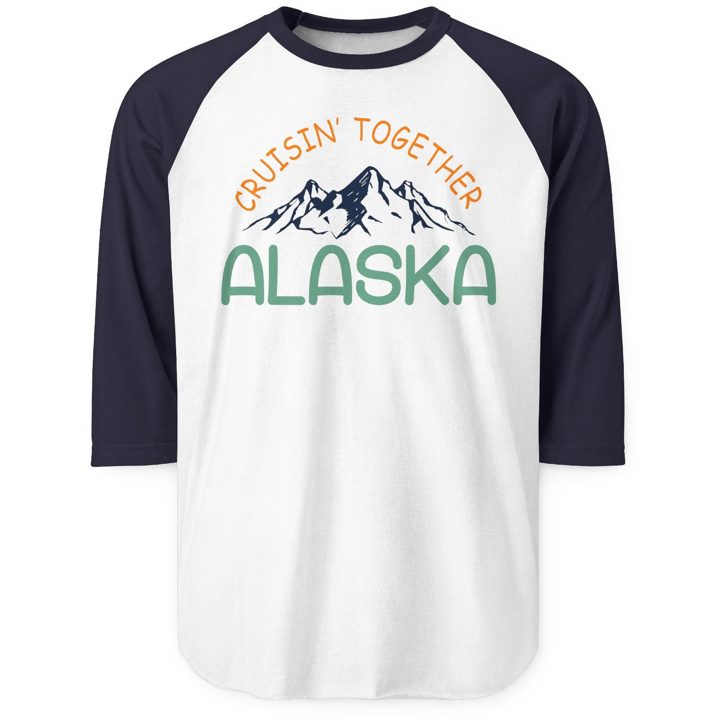 Cruisin Together Alaska Mountain Adventure Cruise Graphic Shirt — 3/4 Sleeve 3/4 Sleeve Raglan Shirt – White/Navy – Alaska Cruise Shirts