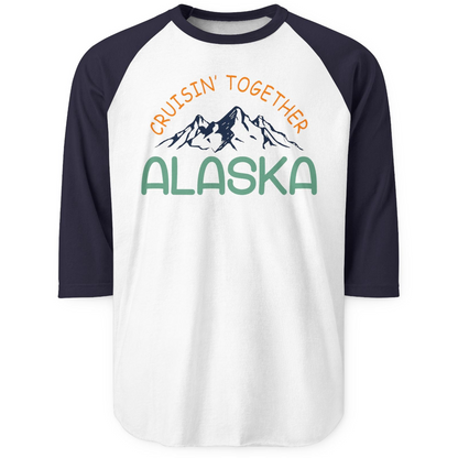 Cruisin Together Alaska Mountain Adventure Cruise Graphic Shirt — 3/4 Sleeve 3/4 Sleeve Raglan Shirt – White/Navy – Alaska Cruise Shirts