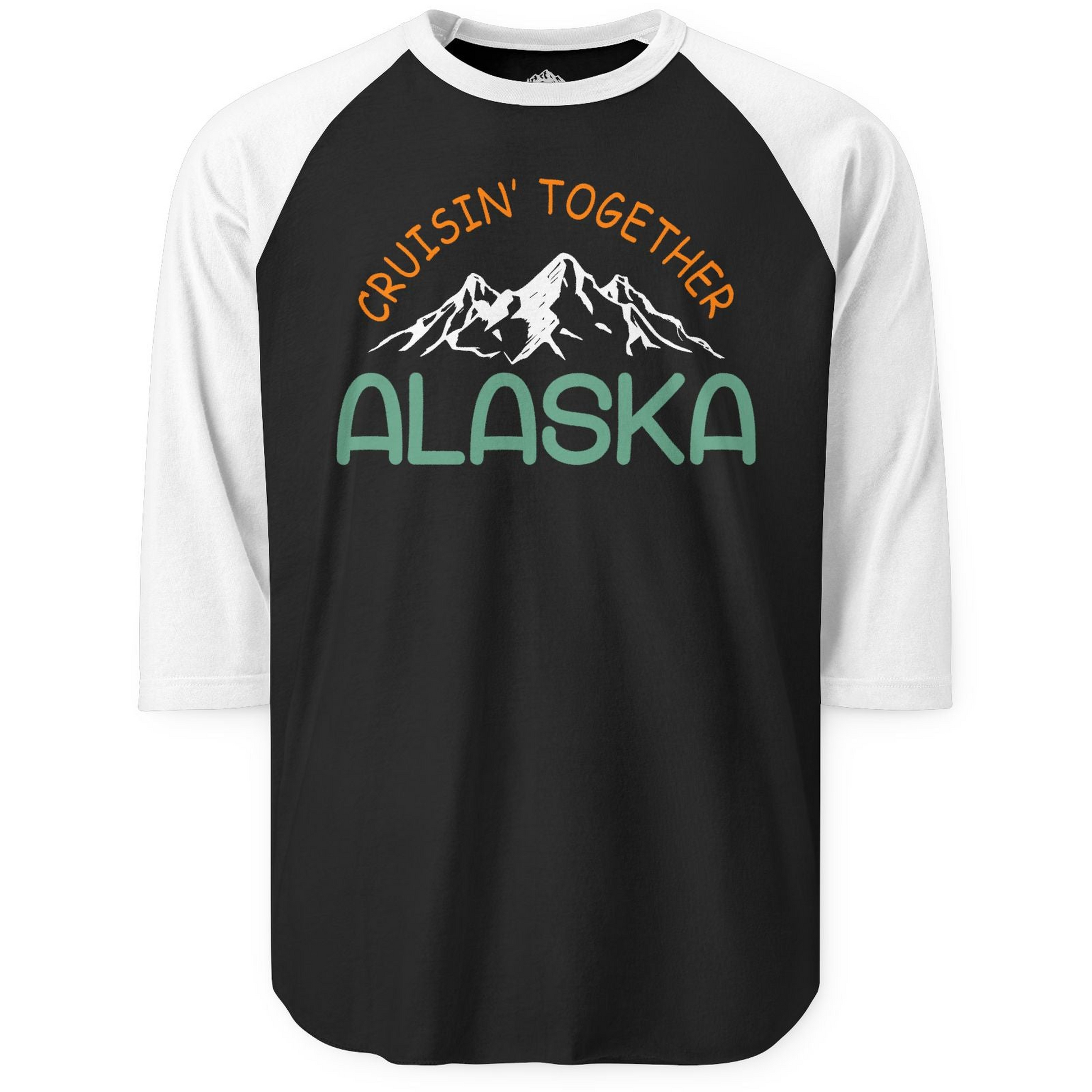 Cruisin Together Alaska Mountain Adventure Cruise Graphic Shirt — 3/4 Sleeve 3/4 Sleeve Raglan Shirt – Black/White – Alaska Cruise Shirts
