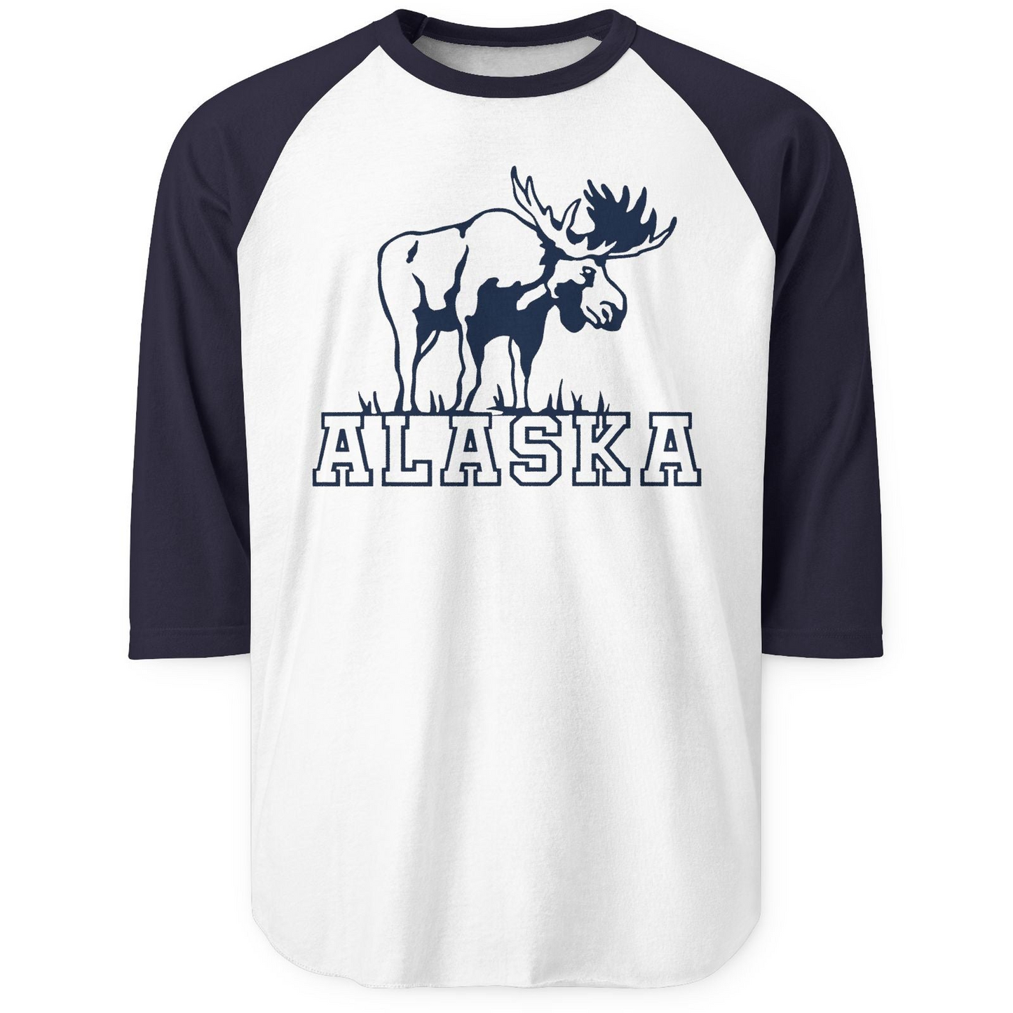 Alaska Moose Silhouette Shirt 3/4 Sleeve Raglan Shirt – White/Navy – Alaska Cruise Shirts
