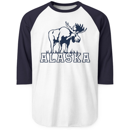 Alaska Moose Silhouette Shirt 3/4 Sleeve Raglan Shirt – White/Navy – Alaska Cruise Shirts