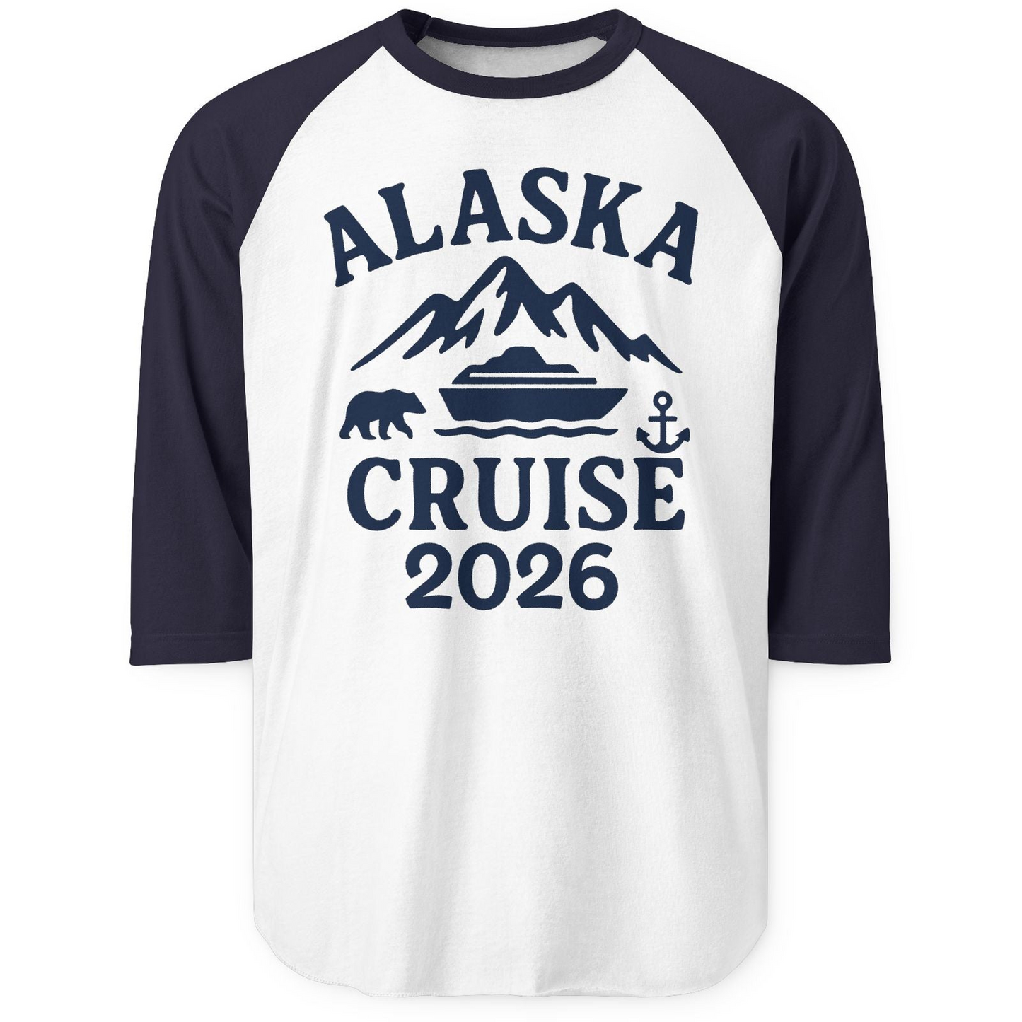 Alaska Cruise 2026 Shirt 3/4 Sleeve Raglan Shirt – White/Navy – Alaska Cruise Shirts