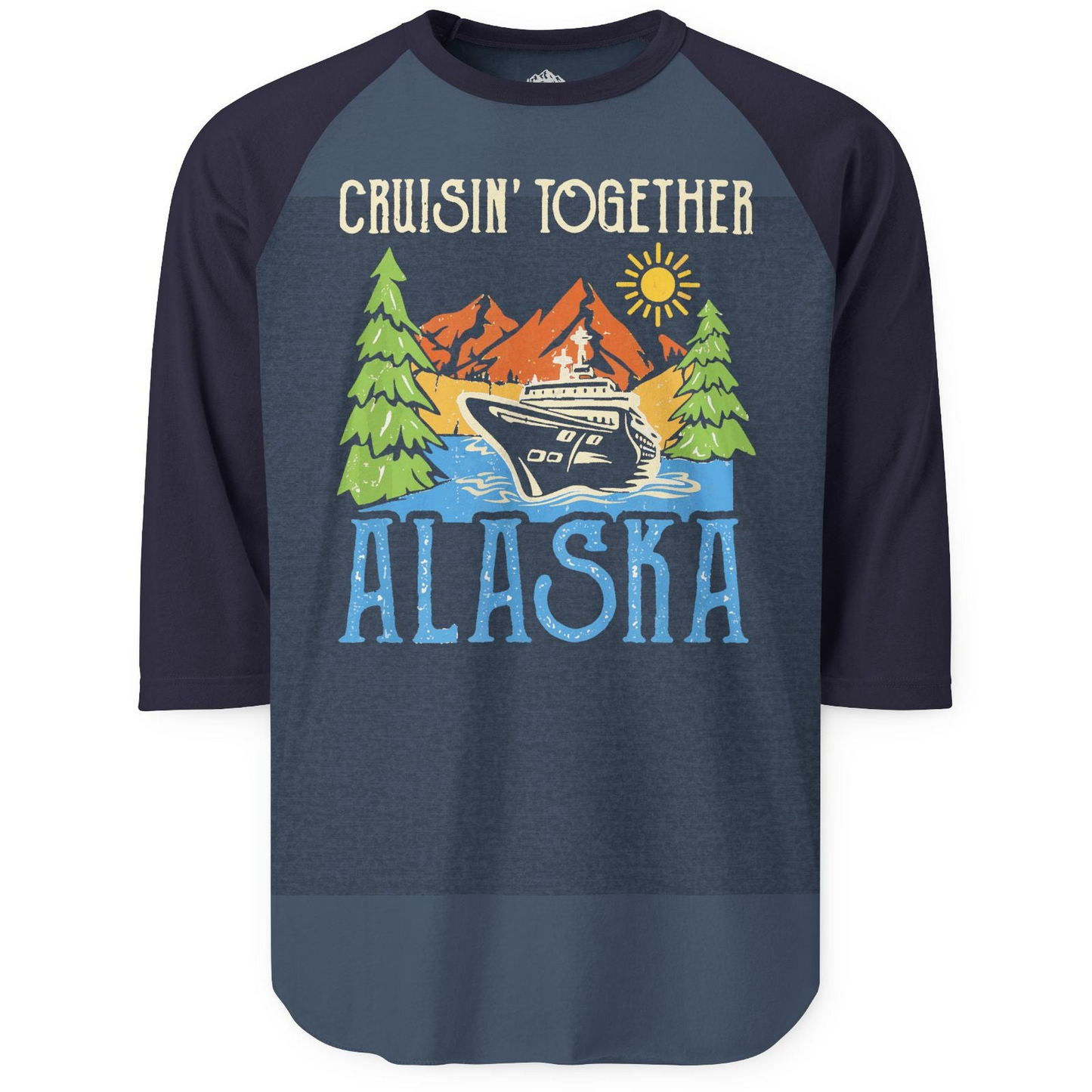 Alaska Cruise Adventure Nature Landscape Retro Family Shirt — 3/4 Sleeve 3/4 Sleeve Raglan Shirt – Heather Denim/Navy – Alaska Cruise Shirts