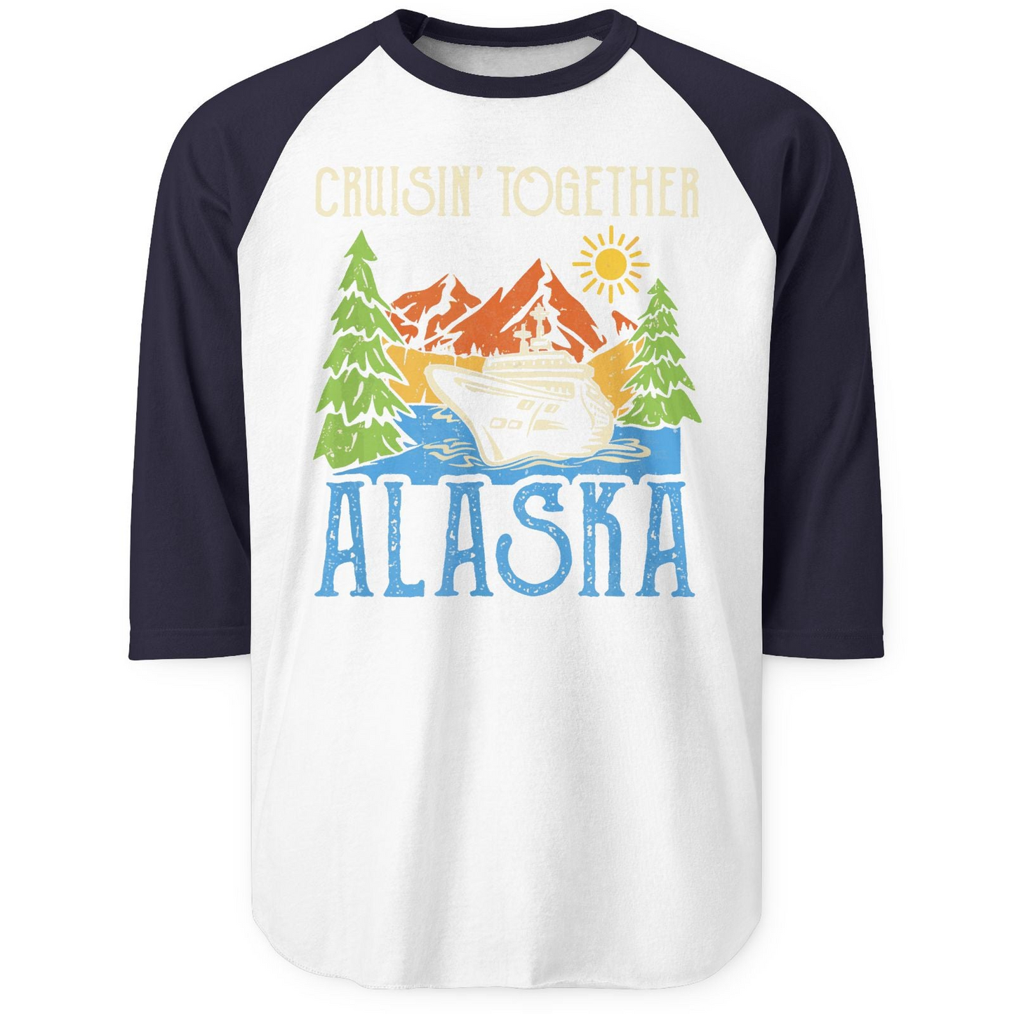 Alaska Cruise Adventure Nature Landscape Retro Family Shirt — 3/4 Sleeve 3/4 Sleeve Raglan Shirt – White/Navy – Alaska Cruise Shirts