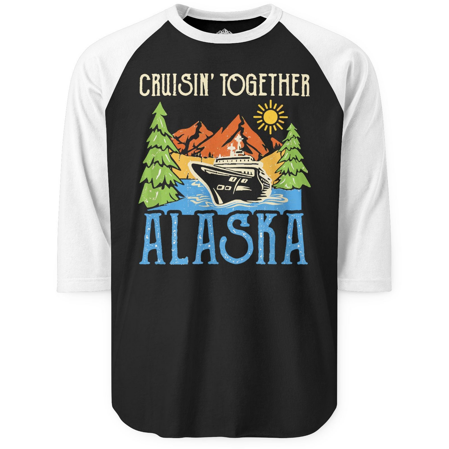 Alaska Cruise Adventure Nature Landscape Retro Family Shirt — 3/4 Sleeve 3/4 Sleeve Raglan Shirt – Black/White – Alaska Cruise Shirts