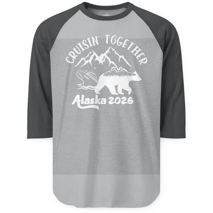 Cruisin Together Alaska 2026 Bear Mountain Group Cruise Shirt — 3/4 Sleeve 3/4 Sleeve Raglan Shirt – Heather Grey/Heather Charcoal – Alaska Cruise Shirts