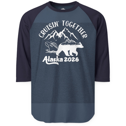 Cruisin Together Alaska 2026 Bear Mountain Group Cruise Shirt — 3/4 Sleeve 3/4 Sleeve Raglan Shirt – Heather Denim/Navy – Alaska Cruise Shirts
