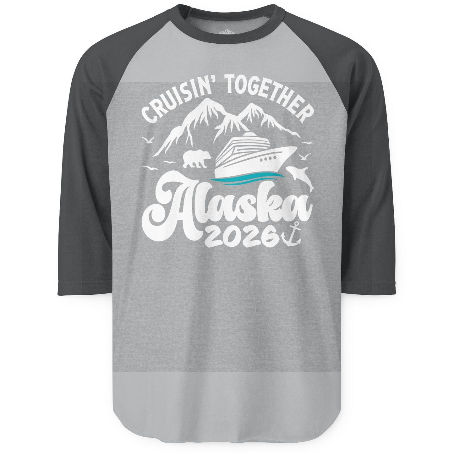 Alaska Cruise Adventure Shirt 3/4 Sleeve Raglan Shirt – Heather Grey/Heather Charcoal – Alaska Cruise Shirts
