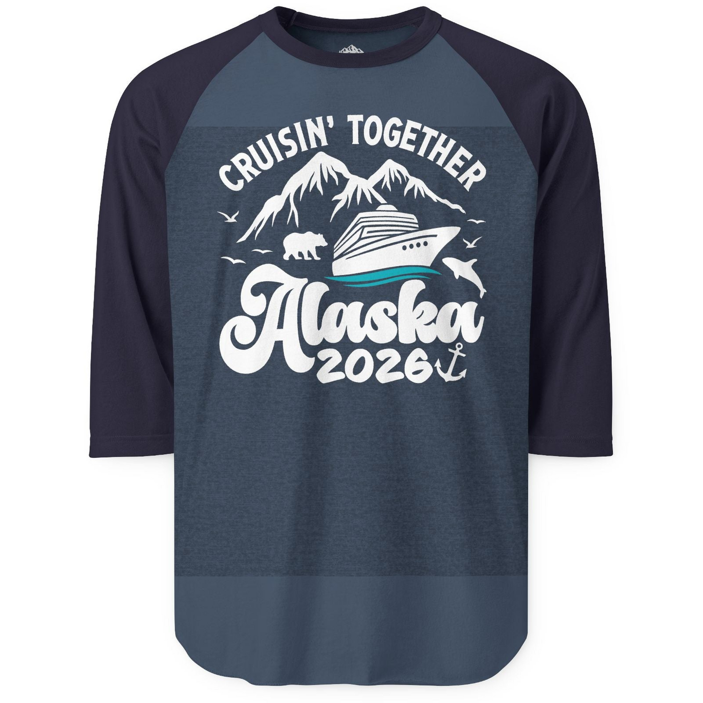 Alaska Cruise Adventure Shirt 3/4 Sleeve Raglan Shirt – Heather Denim/Navy – Alaska Cruise Shirts
