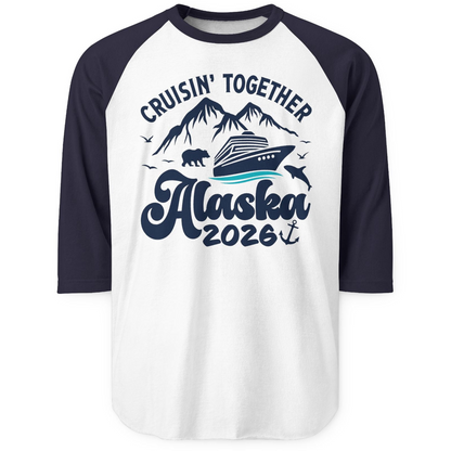 Alaska Cruise Adventure Shirt 3/4 Sleeve Raglan Shirt – White/Navy – Alaska Cruise Shirts
