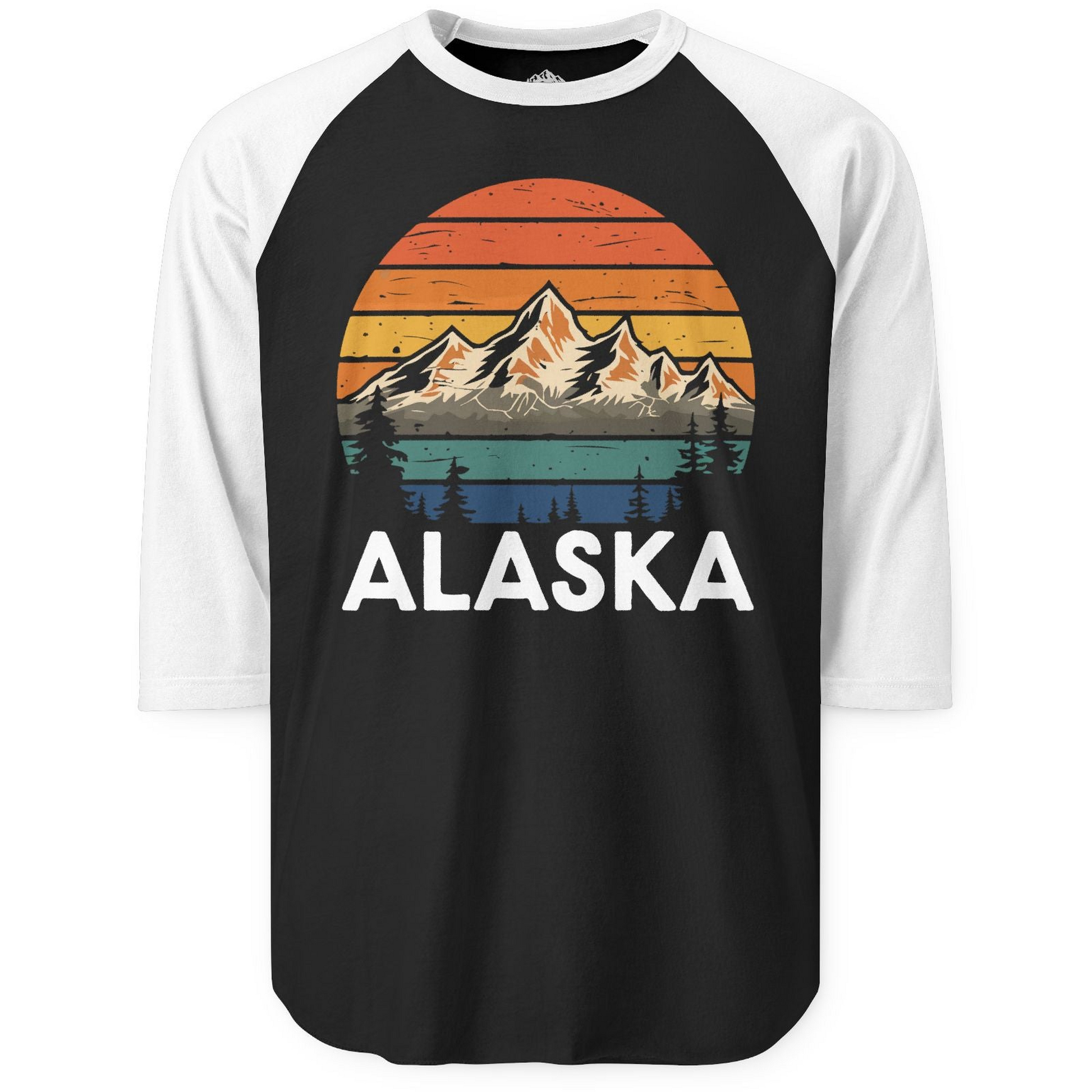 Retro Alaska Mountain Scenery Shirt 3/4 Sleeve Raglan Shirt – Black/White – Alaska Cruise Shirts