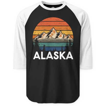 Retro Alaska Mountain Scenery Shirt 3/4 Sleeve Raglan Shirt – Black/White – Alaska Cruise Shirts