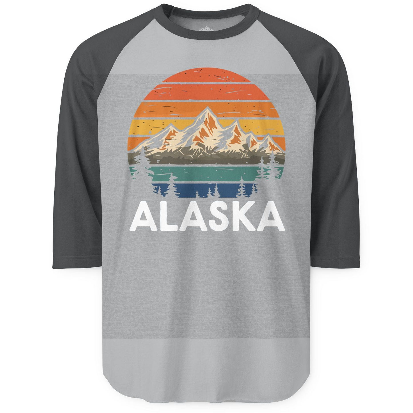 Retro Alaska Mountain Scenery Shirt 3/4 Sleeve Raglan Shirt – Heather Grey/Heather Charcoal – Alaska Cruise Shirts